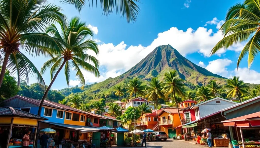 A vibrant tropical village nestled within the lush, verdant slopes of the Soufrière Volcano. Quaint, brightly colored houses dot the hillside, their roofs and walls reflecting the warm Caribbean sun. In the foreground, a bustling marketplace teems with local vendors selling fresh produce, spices, and handcrafted wares. Towering coconut palms sway gently, casting dappled shadows on the cobblestone streets below. In the distance, the majestic, cone-shaped peak of the volcano looms, its flanks draped in a tapestry of verdant foliage. The scene is infused with a sense of tranquility and timelessness, inviting the viewer to immerse themselves in the captivating charm of this volcanic paradise.