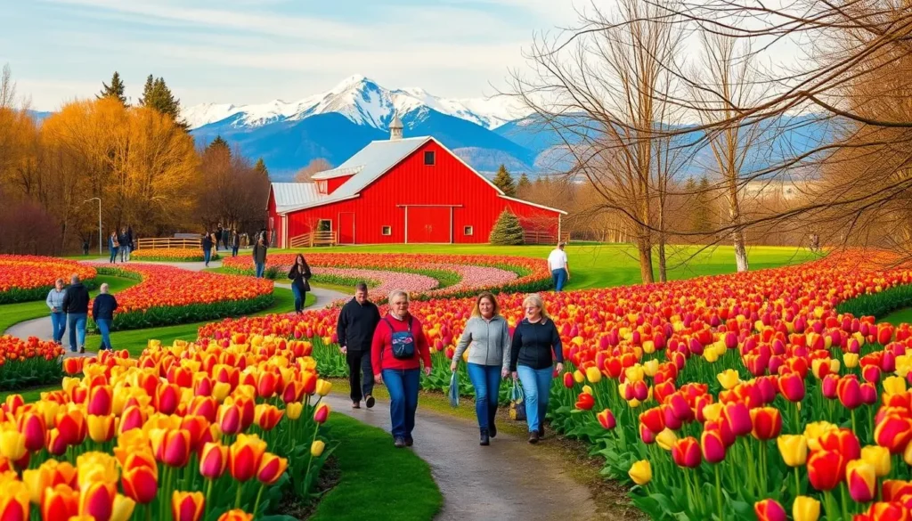 A vibrant tulip festival in the heart of Skagit Valley, Washington. Rows of brightly colored tulips sway gently in the soft breeze, their petals reflecting the warm, golden light of the sun. In the foreground, visitors stroll along the winding paths, taking in the breathtaking views and capturing the moment with their cameras. The middle ground features a picturesque red barn, its weathered wood contrasting beautifully with the vibrant flowers. In the background, the majestic Cascade Mountains rise up, their snow-capped peaks adding a stunning backdrop to the scene. The overall atmosphere is one of peaceful tranquility and natural beauty, inviting visitors to immerse themselves in the magic of the tulip festival.