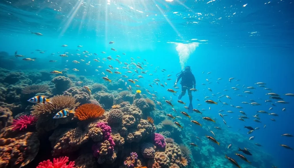 A vibrant underwater paradise, the Coral Gardens snorkeling and diving site on South Caicos Island showcases a kaleidoscope of marine life. Capture the crystal-clear turquoise waters teeming with schools of tropical fish, surrounded by a lush coral reef that sways gently in the current. Sunlight filters through the surface, casting a warm, natural glow on the scene. Divers and snorkelers explore the diverse ecosystem, marveling at the vibrant hues of brain coral, sea fans, and sponges. The tranquil, serene atmosphere invites visitors to immerse themselves in the beauty of this aquatic wonderland.