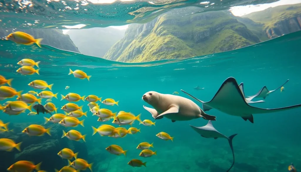A vibrant underwater scene in Milford Sound, New Zealand, showcasing the diverse marine life. In the foreground, a school of colorful tropical fish dart through the crystal-clear waters, their scales shimmering in the warm, diffused sunlight filtering down from the surface. In the middle ground, a curious fur seal playfully swims alongside a group of graceful stingrays, their wings undulating effortlessly. In the background, the towering, lush-green cliffs of Milford Sound rise majestically, creating a serene and awe-inspiring backdrop. The image should convey a sense of tranquility, wonder, and the natural beauty of this unique New Zealand ecosystem.