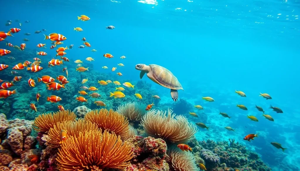 A vibrant underwater scene showcasing the diverse marine life of Trunk Bay, St. John, U.S. Virgin Islands. In the foreground, schools of tropical fish, including clownfish, parrotfish, and angelfish, dart through the crystal-clear turquoise waters. In the middle ground, a majestic sea turtle gracefully glides, its shell reflecting the dappled sunlight filtering down from the surface. Swaying sea fans and corals in a kaleidoscope of colors adorn the seafloor, creating a lush, three-dimensional backdrop. Ambient lighting casts a warm, natural glow, capturing the serene and vibrant atmosphere of this underwater paradise.