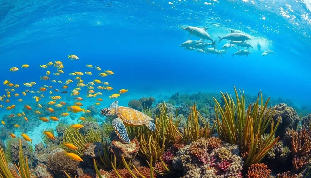 A vibrant underwater seascape teeming with diverse marine life at Padre Island National Seashore. In the foreground, a school of colorful tropical fish dart between swaying seagrass and coral formations. In the middle ground, a majestic sea turtle gracefully glides through the crystal-clear waters. In the distance, a pod of dolphins breaches the surface, their sleek bodies glistening in the warm, golden sunlight filtering down from above. The scene is bathed in a soft, natural lighting, captured with a wide-angle lens to showcase the breathtaking beauty and abundance of wildlife in this coastal ecosystem.