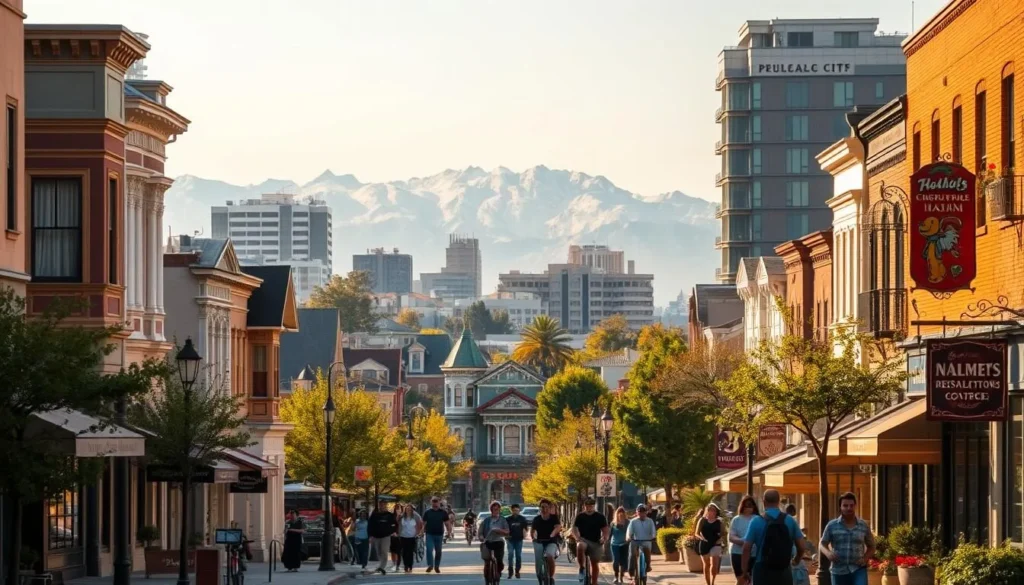 A vibrant urban landscape of Sacramento's diverse neighborhoods, bathed in warm afternoon sunlight. In the foreground, bustling sidewalks lined with quaint shops, cafes, and local businesses. Bicyclists and pedestrians enliven the scene, creating a lively, walkable atmosphere. The middle ground features a mix of historic Victorian-style homes and modern high-rises, showcasing the city's architectural evolution. In the background, the majestic Sierra Nevada mountains rise, providing a stunning natural backdrop to this thriving urban environment. The overall mood is one of energy, community, and a celebration of the unique character of Sacramento's vibrant neighborhoods.