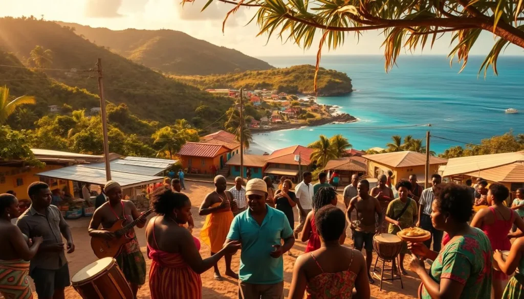 A vibrant village scene on the lush, tropical island of Petite Martinique, Grenada. In the foreground, locals engage in lively cultural activities - drumming, dancing, and sharing traditional cuisine. The middle ground features colorful, sun-dappled homes and bustling marketplaces, while the background showcases the island's verdant hills and azure waters. Warm, golden lighting bathes the entire setting, creating a welcoming, immersive atmosphere that invites the viewer to experience the rich cultural heritage of this close-knit community.