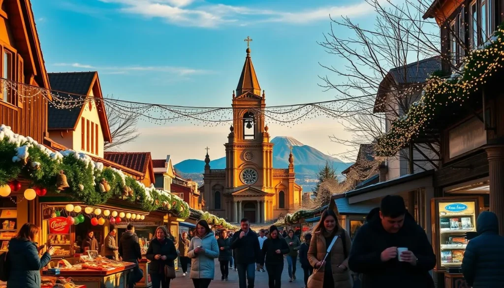 A vibrant winter scene in Tagaytay, Philippines. In the foreground, families stroll along a quaint town square, sipping hot cocoa and browsing festive market stalls. The middle ground features a magnificent church, its bell tower rising majestically against a clear azure sky. In the distance, the iconic Taal Volcano and Lake shimmer under warm, golden afternoon light. Garlands of twinkling lights adorn the streets, casting a cozy, holiday glow over the entire landscape. The crisp, fresh air is filled with the aroma of roasted chestnuts and the laughter of children playing. An idyllic, picturesque winter scene that captures the joyous spirit of the Tagaytay holiday season.