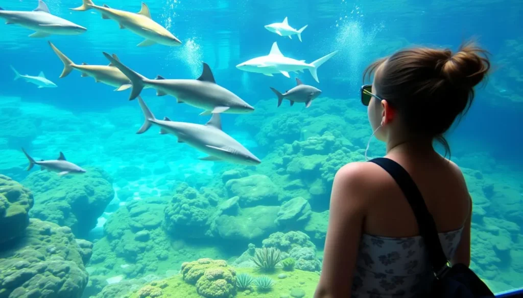 A visitor observing marine life, including sharks and stingrays, in the Moorea Lagoonarium.