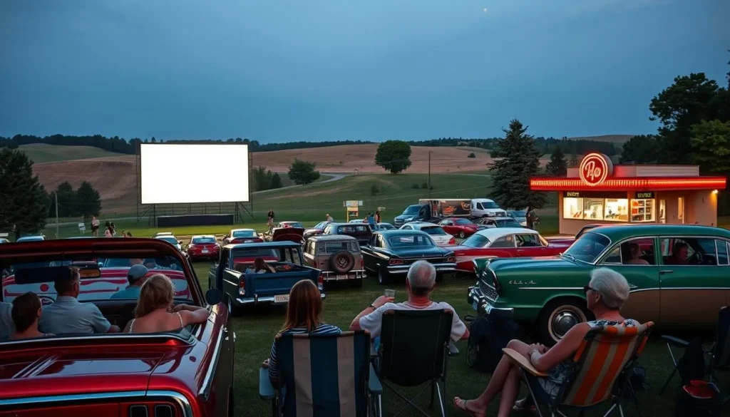 A warm summer evening at a classic drive-in theater in Frankfort, Michigan. Families gather, kids giggling in the backseat as they munch on popcorn. The big screen flickers to life, casting a soft glow over the vintage cars parked in neat rows. In the foreground, a group of parents relax in lawn chairs, enjoying the simple pleasures of a family movie night under the stars. The middle ground features the drive-in's iconic neon marquee and concession stand, while the background showcases the picturesque Michigan landscape, with rolling hills and lush trees framing the scene. The overall mood is one of nostalgia, community, and quality time spent together.