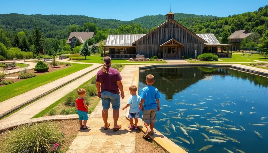 A warm, sunny day at the fish hatchery in Mammoth Spring State Park, Arkansas. In the foreground, a family of four - parents and two children - stand mesmerized, watching the schools of trout swim lazily in the clear raceways. The middle ground features neatly manicured gardens and paths leading to the hatchery building, its weathered wooden facade reflecting in the still waters. In the background, rolling hills and lush forests create a serene, picturesque backdrop. The mood is one of tranquility and wonder, as the family takes in the natural beauty and educational experience of the fish hatchery.
