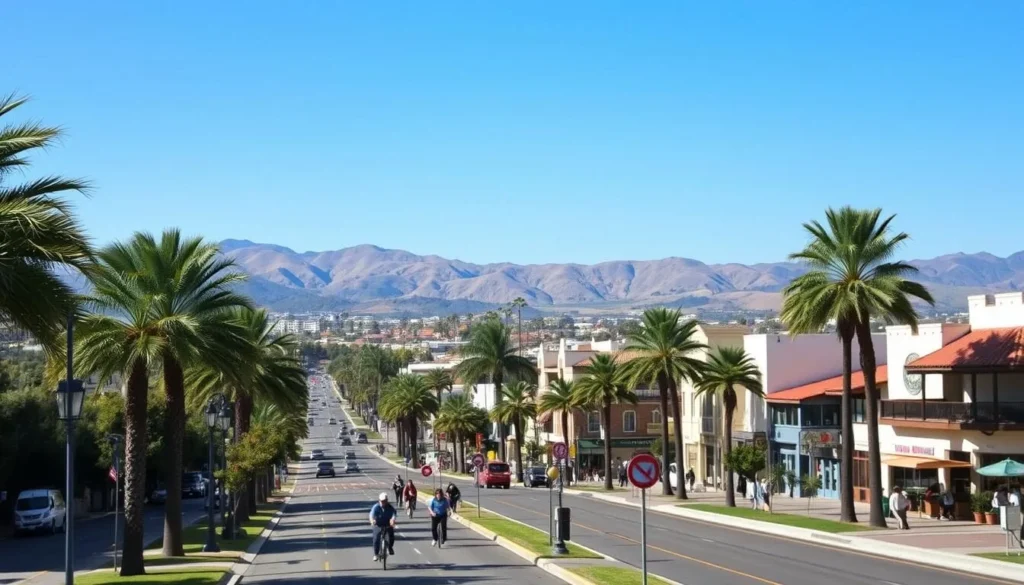 A warm, sunny day in Chula Vista, California. The foreground features lush, palm-lined boulevards with people strolling and cycling. In the middle ground, picturesque Spanish-style buildings and shops line the vibrant downtown district. The background showcases the rolling hills and mountains, with a clear, azure sky overhead. Soft, diffused natural lighting creates a serene, inviting atmosphere. Capture the essence of Chula Vista's ideal climate - a perfect time to explore its charming streets, outdoor activities, and local attractions.