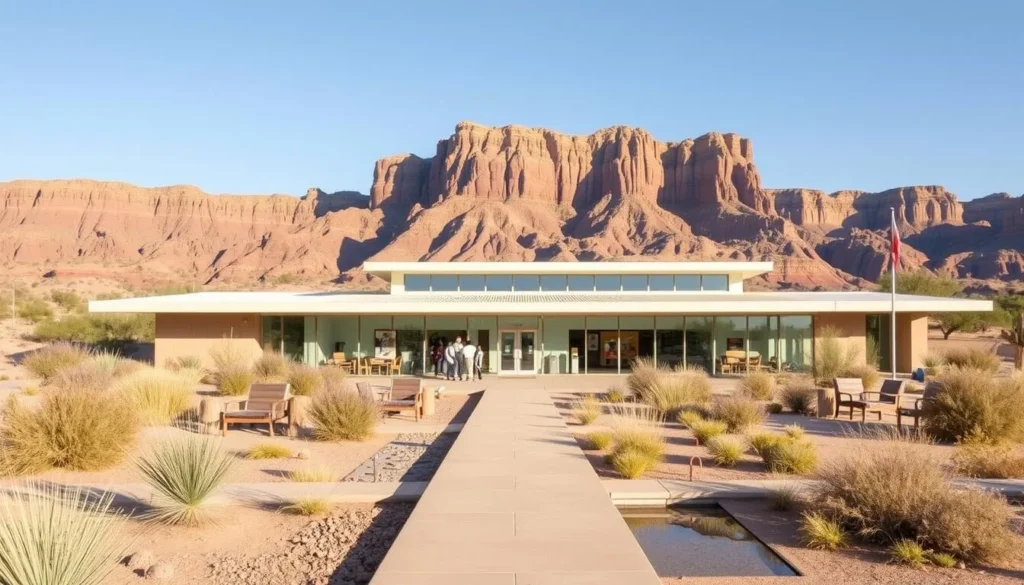 A well-designed visitor center stands before a majestic desert landscape, its modern architecture seamlessly blending with the natural surroundings. The building features large windows that invite natural light to flood the interior, highlighting the informative displays and interactive exhibits. A path leads visitors towards the entrance, flanked by native desert plants and a subtle water feature that reflects the clear sky above. The overall atmosphere conveys a sense of discovery and connection to the rich cultural and natural heritage of the Montezuma Castle National Monument.