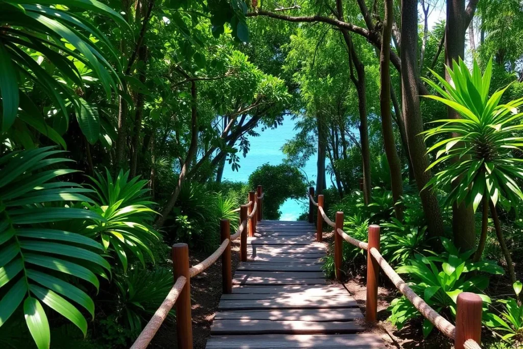 A well-maintained sea track in Niue leading through tropical forest to the coast