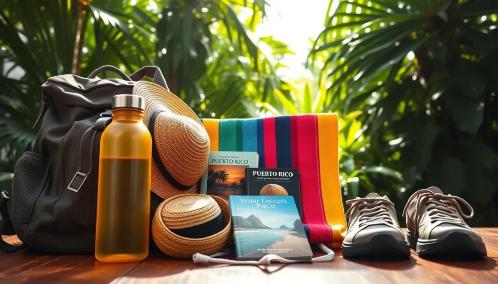 A well-organized flat lay of essential items for a trip to Puerto Rico. In the foreground, a sturdy backpack, a reusable water bottle, and a sunhat. In the middle ground, a colorful beach towel, a guidebook, and a pair of comfortable walking shoes. In the background, a lush tropical foliage backdrop, with dappled sunlight creating a warm, inviting atmosphere. The lighting is soft and natural, and the lens captures a wide, detail-rich perspective. This image conveys the practical yet enjoyable nature of preparing for a visit to the vibrant island of Puerto Rico.