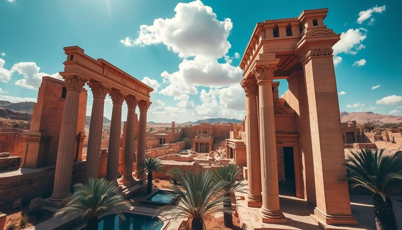 A well-preserved Libyan heritage site nestled amidst rugged desert landscapes. A sprawling ancient city, its sun-kissed stone ruins standing tall, their intricate carvings and architectural details preserved over millennia. Towering columns and archways frame the scene, casting dramatic shadows that dance across the weathered facades. In the foreground, a tranquil oasis with shimmering pools and lush palm trees, offering a serene respite from the arid surroundings. The sky overhead is a brilliant azure, puffy clouds drifting lazily above. The overall mood is one of timeless wonder and the quiet majesty of a civilization long past.