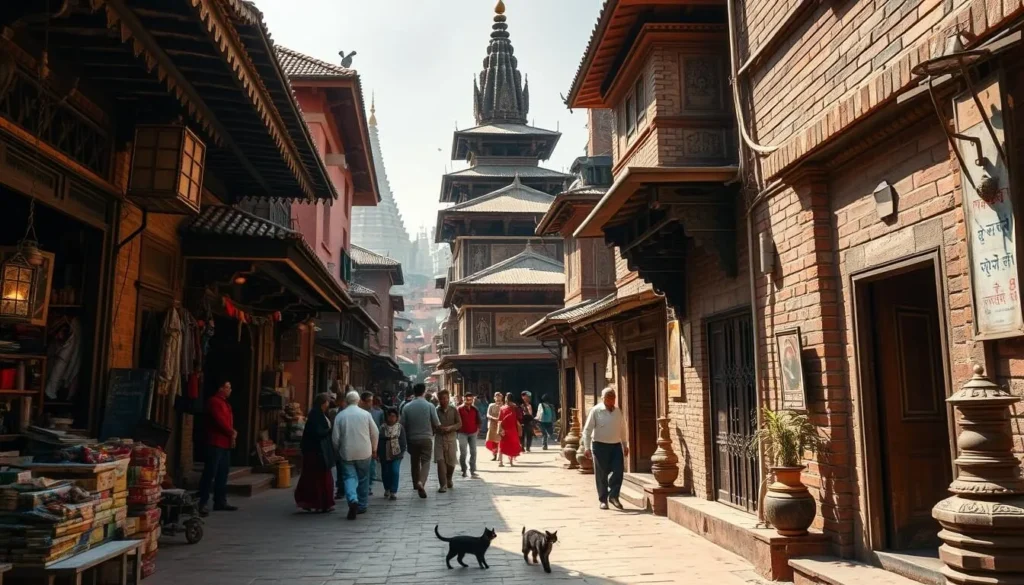 A winding labyrinth of ancient brick-lined alleys, Patan's hidden passages come alive on a sun-dappled day. Merchants hawk their wares from quaint storefronts, their voices mingling with the chatter of locals strolling by. Intricate woodcarvings and ornate brass lamps adorn the façades, casting warm, golden hues. Stray cats slink through the shadows, while the scent of spices and incense wafts through the air. Ornate Buddhist stupas and Hindu temples punctuate the scene, their spires reaching skyward. Capture the hustle and bustle of everyday life in this timeless, enchanting corner of Nepal.