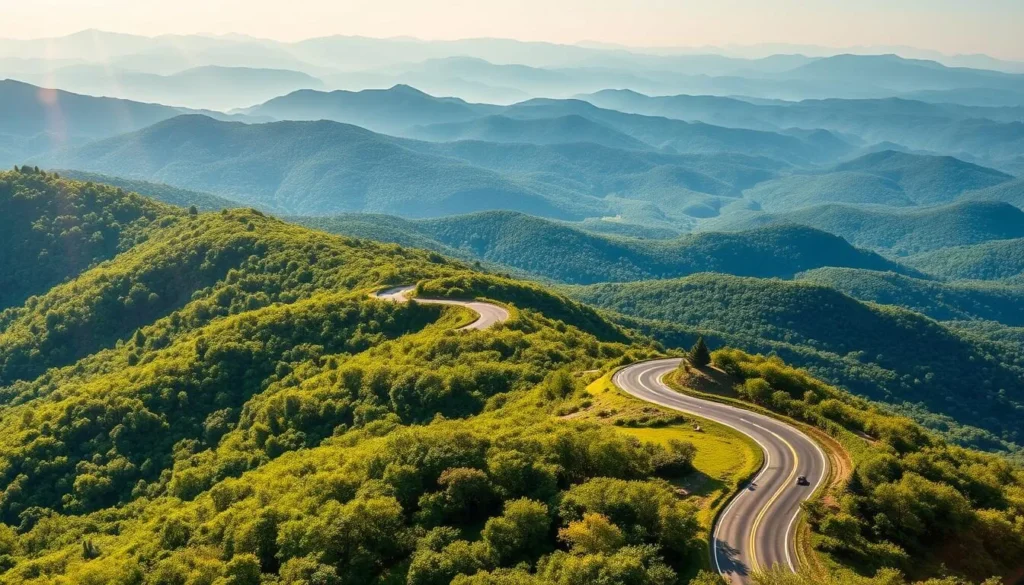A winding road cutting through lush, rolling hills of the Blue Ridge Mountains. Sunlight filters through the vibrant green foliage, casting a warm glow over the scene. In the distance, hazy blue peaks rise majestically against a clear sky. The road curves gracefully, inviting the viewer to explore the scenic vistas of this iconic American landscape. High-resolution, photorealistic, cinematic composition, stunning lighting, detailed textures.