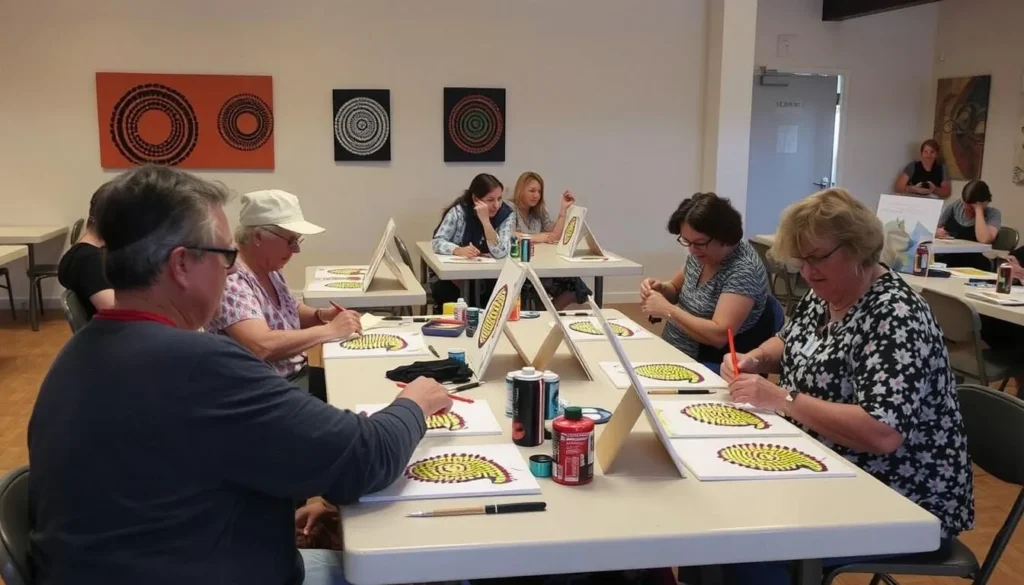 Aboriginal dot painting workshop with participants learning traditional art techniques at Yulara, Best Things to Do in Yulara, Northern Territory Aboriginal dot painting workshop with participants learning traditional art techniques at Yulara, Best Things to Do in Yulara, Northern Territory
