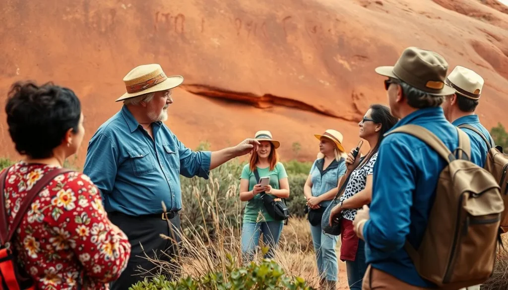 Aboriginal guide explaining rock art at Uluru (Ayers Rock) to tourists during a cultural tour Aboriginal guide explaining rock art at Uluru (Ayers Rock) to tourists during a cultural tour