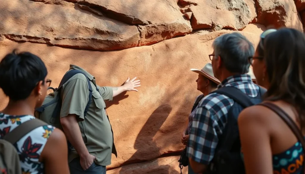 Aboriginal guide explaining traditional rock art to visitors at Kakadu National Park Aboriginal guide explaining traditional rock art to visitors at Kakadu National Park