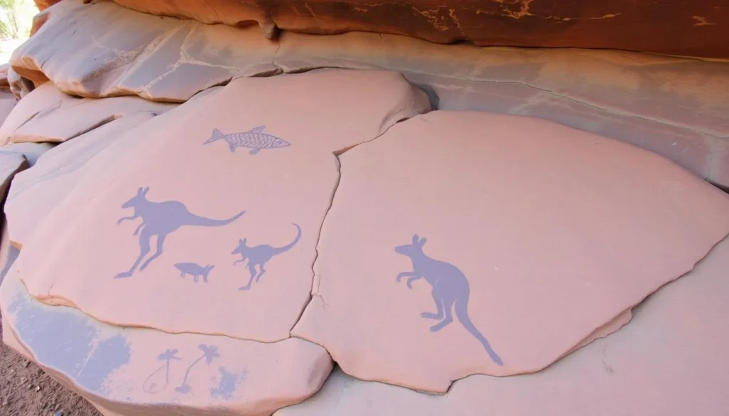Aboriginal rock engravings in Garigal National Park showing traditional designs Aboriginal rock engravings in Garigal National Park showing traditional designs