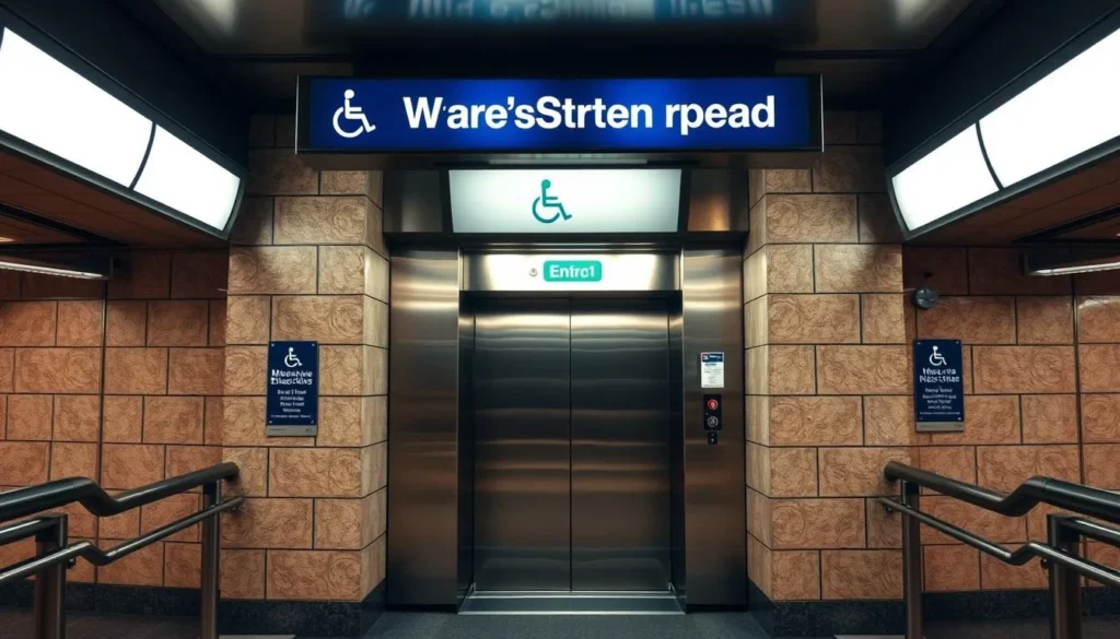 Accessible entrance to a Washington DC Metro station with elevator and signage