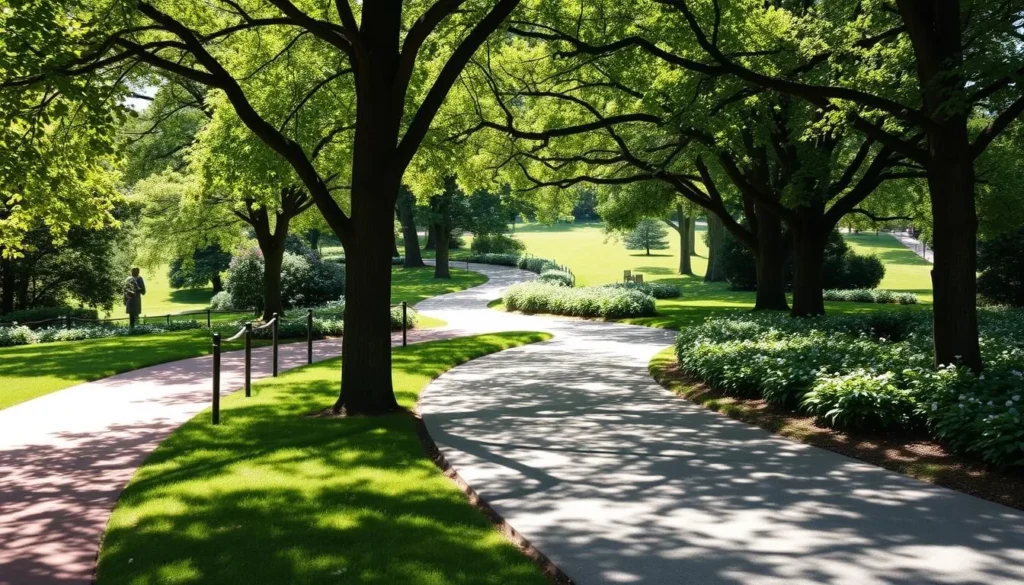Accessible paths at Mount Vernon on a sunny day. Tranquil walkways wind through lush greenery, leading visitors through the historic estate. Diverse terrain, including gentle slopes and smooth, wide paths, allows for easy navigation. Tactile guide rails and well-placed signage assist those with visual impairments. Dappled sunlight filters through the canopy of trees, creating a warm, inviting atmosphere. A sense of history and natural beauty blends seamlessly, making the grounds welcoming and inclusive for all. A medium focal length lens captures the scene, showcasing the accessible features in an aesthetically pleasing composition.
