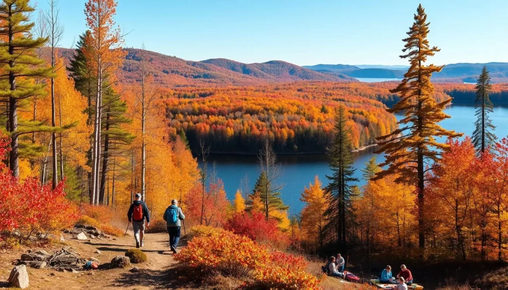 Adirondack autumn landscape with colorful foliage, a group of hikers traversing a wooded trail, and a scenic lake in the background. Crisp, clear lighting illuminates the golden, red, and orange hues of the trees. In the foreground, people kayaking, fishing, and enjoying picnics by the water's edge. A serene, peaceful atmosphere captures the tranquility of the Adirondack wilderness in the changing seasons. Capture the essence of outdoor recreation and natural beauty that defines this region.
