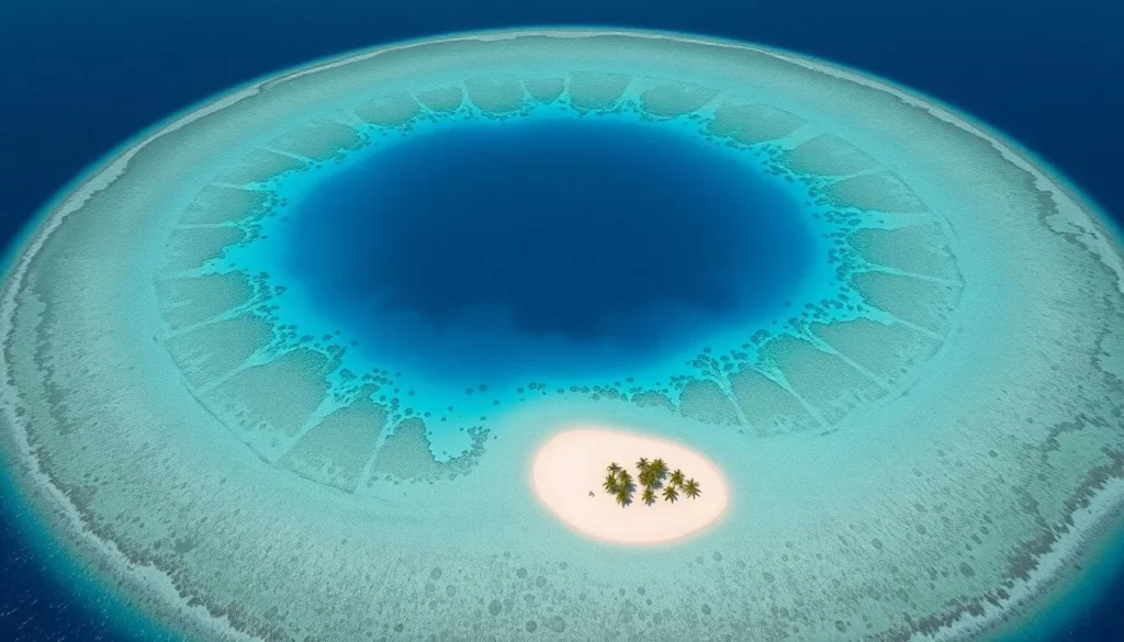 Aerial view of Ant Atoll showing the perfect circular reef and pristine beaches
