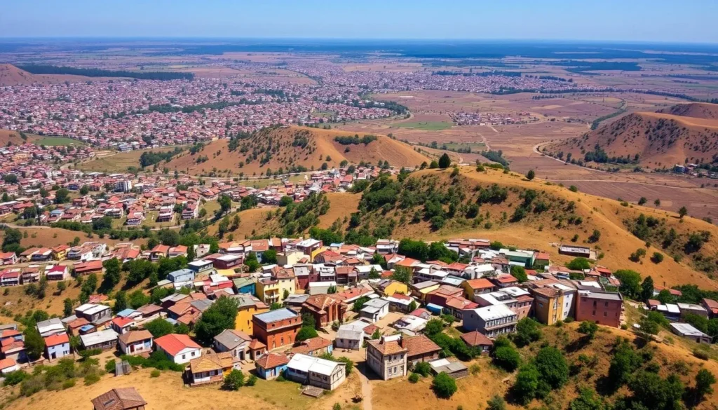 Aerial view of Antananarivo with colorful buildings on hillsides Aerial view of Antananarivo with colorful buildings on hillsides