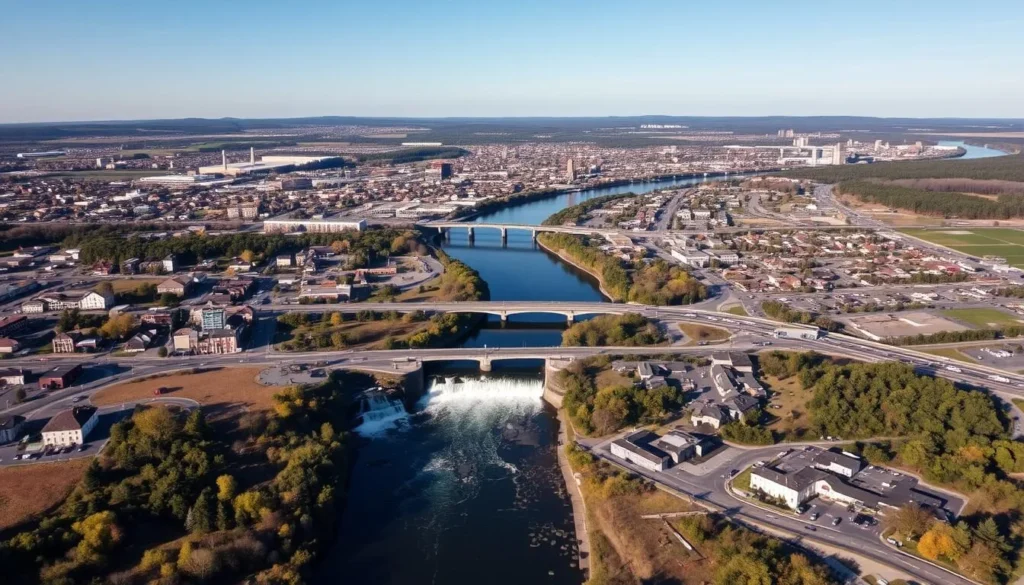 Aerial view of Auburn and Lewiston showing the Androscoggin River dividing the twin cities Aerial view of Auburn and Lewiston showing the Androscoggin River dividing the twin cities