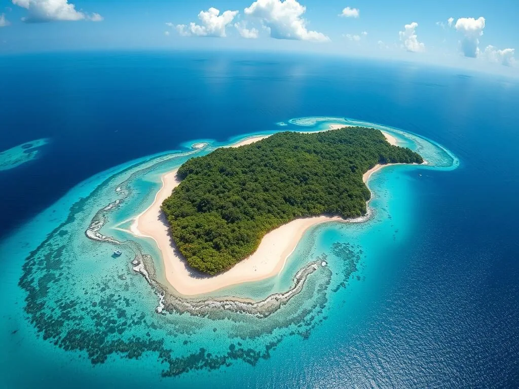Aerial view of Banana Island, Sierra Leone showing pristine beaches, clear waters and lush tropical vegetation Aerial view of Banana Island, Sierra Leone showing pristine beaches, clear waters and lush tropical vegetation