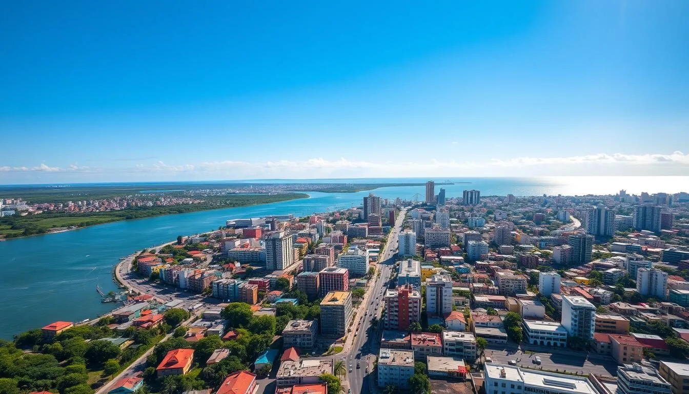 Aerial view of Barranquilla Colombia with the Magdalena River and colorful buildings under blue sky