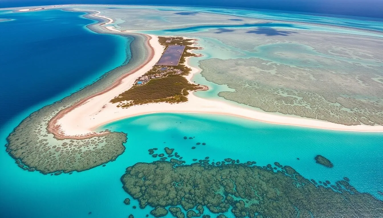 Aerial view of Bonaire's coastline with turquoise waters and the Bonaire National Marine Park
