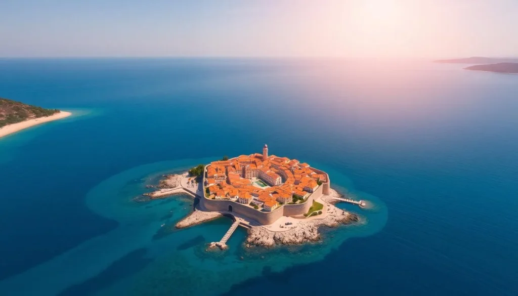 Aerial view of Budva Old Town peninsula with beaches on either side Aerial view of Budva Old Town peninsula with beaches on either side