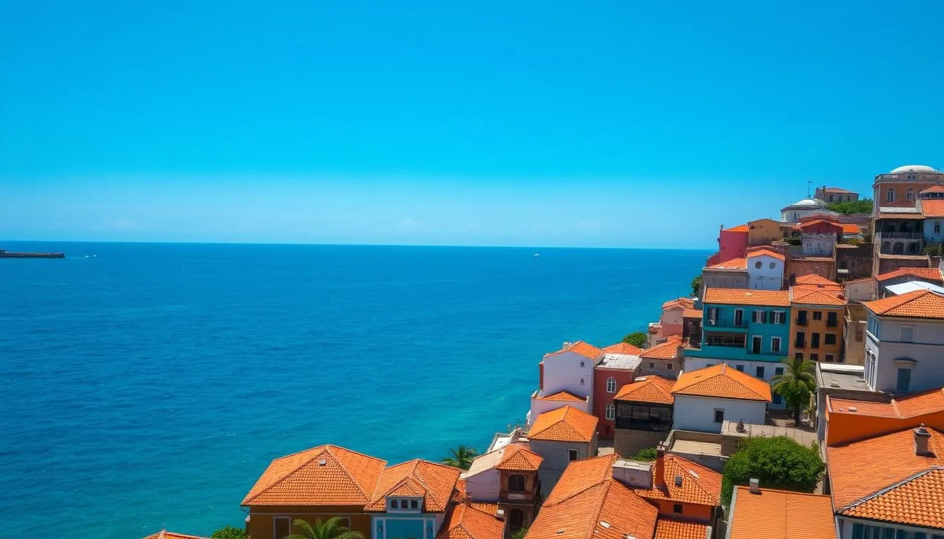 Aerial view of Cartagena's colorful walled city with Caribbean Sea in background
