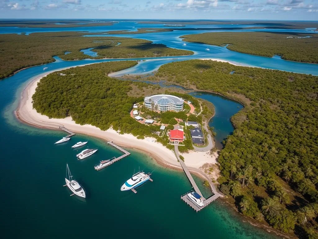 Aerial view of Crab Claw Island resort and marina