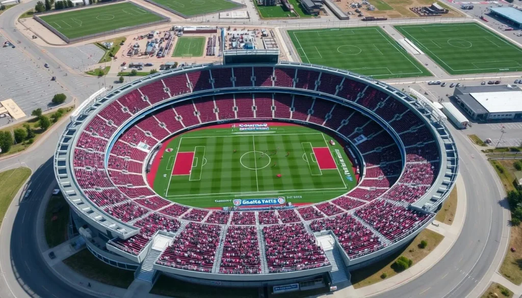 Aerial view of Dick's Sporting Goods Park stadium during a Colorado Rapids soccer match in Commerce City Aerial view of Dick's Sporting Goods Park stadium during a Colorado Rapids soccer match in Commerce City