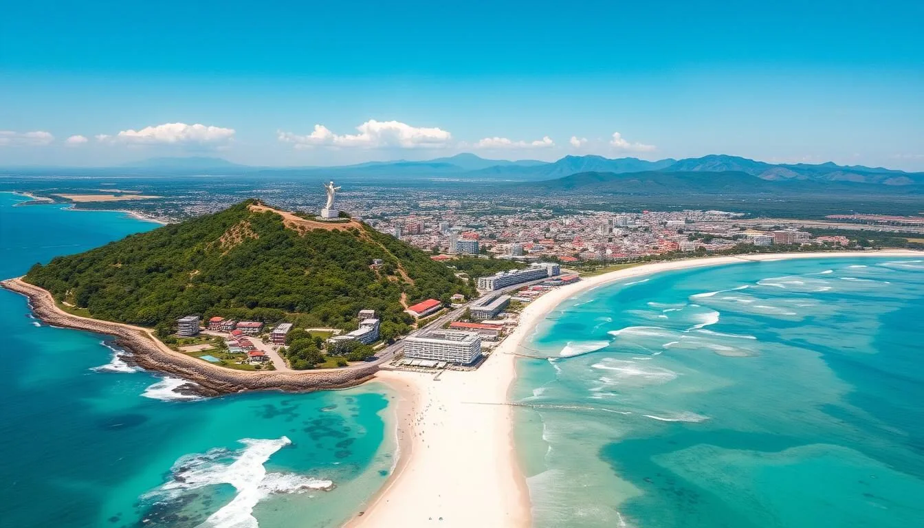 Aerial view of Dili coastline with Cristo Rei statue in Timor-Leste