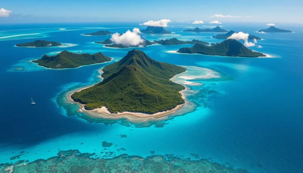 Aerial view of Fiji islands with turquoise waters, coral reefs, and lush green islands