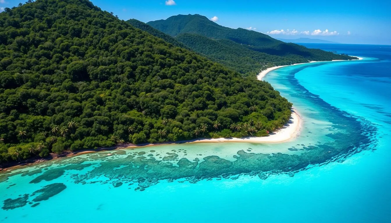 Aerial view of Fitzroy Island National Park, Queensland showing lush rainforest meeting turquoise waters