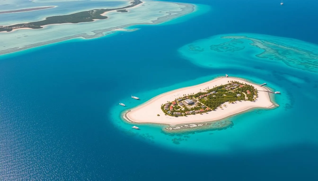 Aerial view of Harbour Island Bahamas showing pink sand beaches and turquoise waters