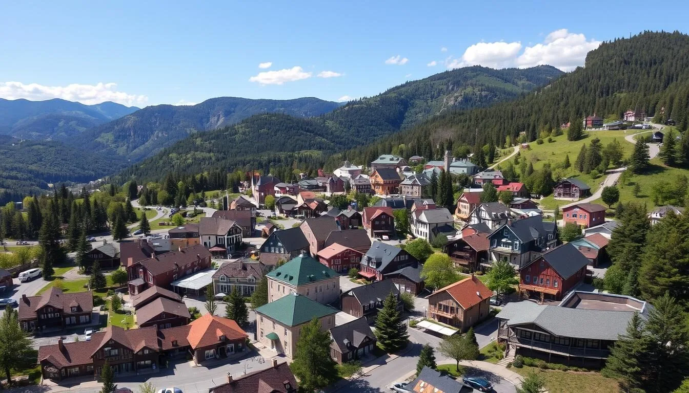 Aerial view of Helen Georgia's Bavarian-style village with colorful buildings nestled in the North Georgia mountains