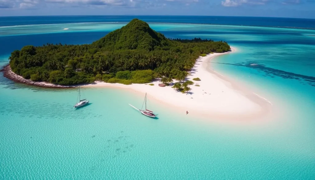 Aerial view of Ile aux Cerfs island with its pristine beaches and turquoise lagoon