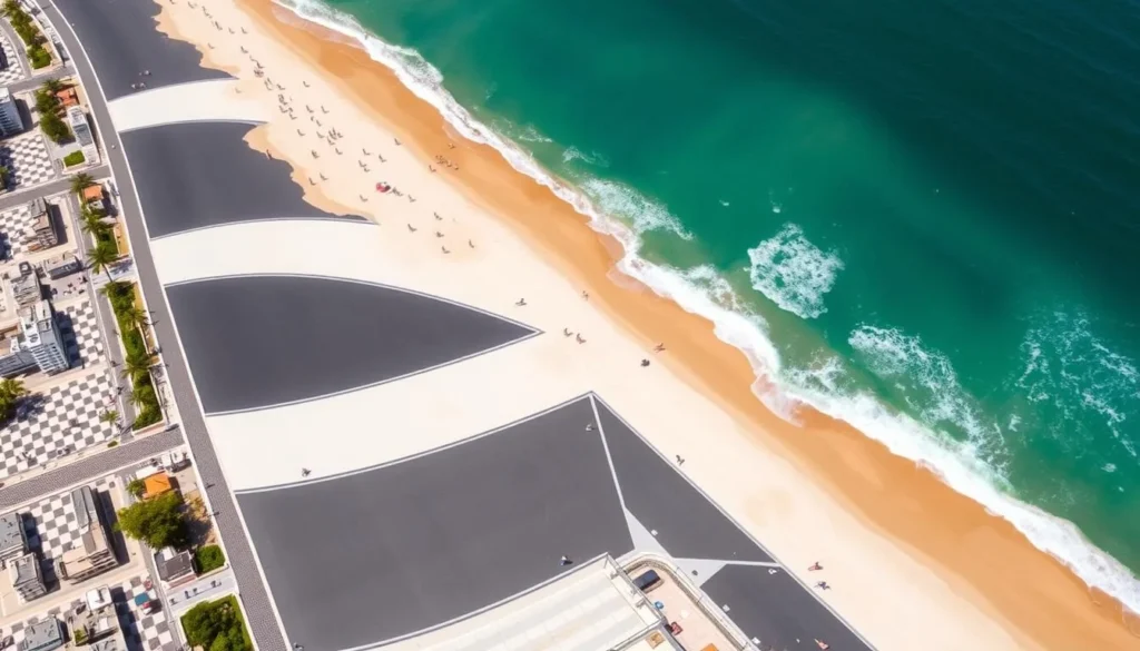 Aerial view of Ipanema Beach showing the distinctive black and white Portuguese pavement pattern of the boardwalk