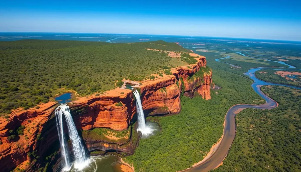 Aerial view of Jim Jim and Twin Falls from a scenic flight over Kakadu National Park Aerial view of Jim Jim and Twin Falls from a scenic flight over Kakadu National Park