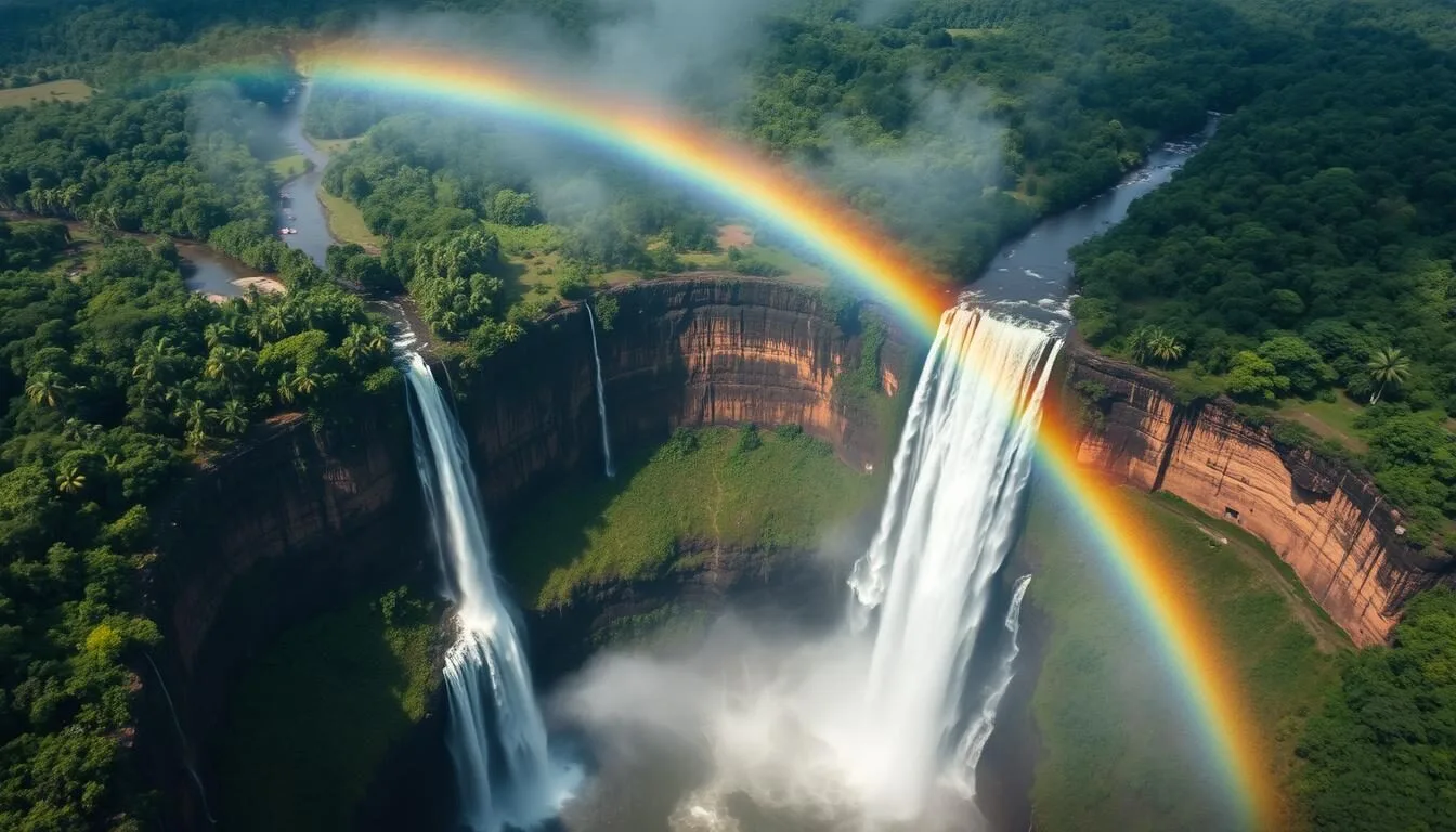 Aerial view of Kaieteur Falls in Guyana with rainbow in the mist