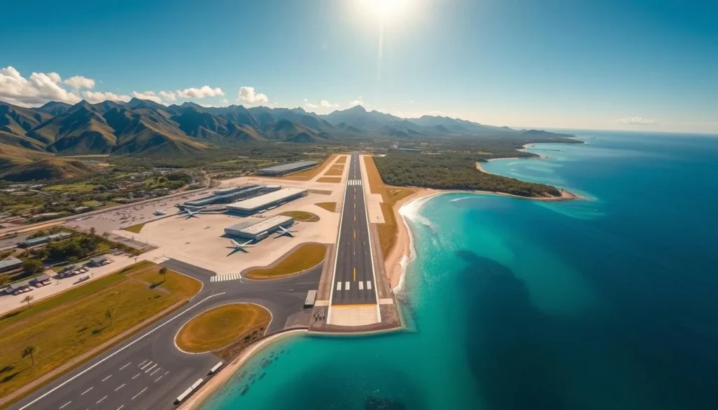 Aerial view of La Tontouta International Airport in New Caledonia with mountains in the background