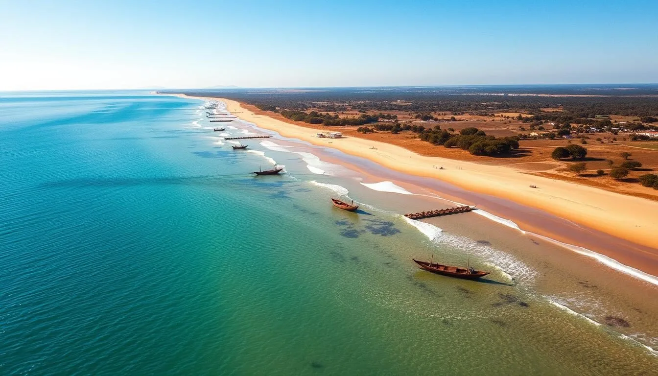 Aerial-view-of-Lake-Malawis-crystal-clear-waters-with-golden-beaches-and-traditional-fishing-1 Aerial view of Lake Malawi's crystal clear waters with golden beaches and traditional fishing boats