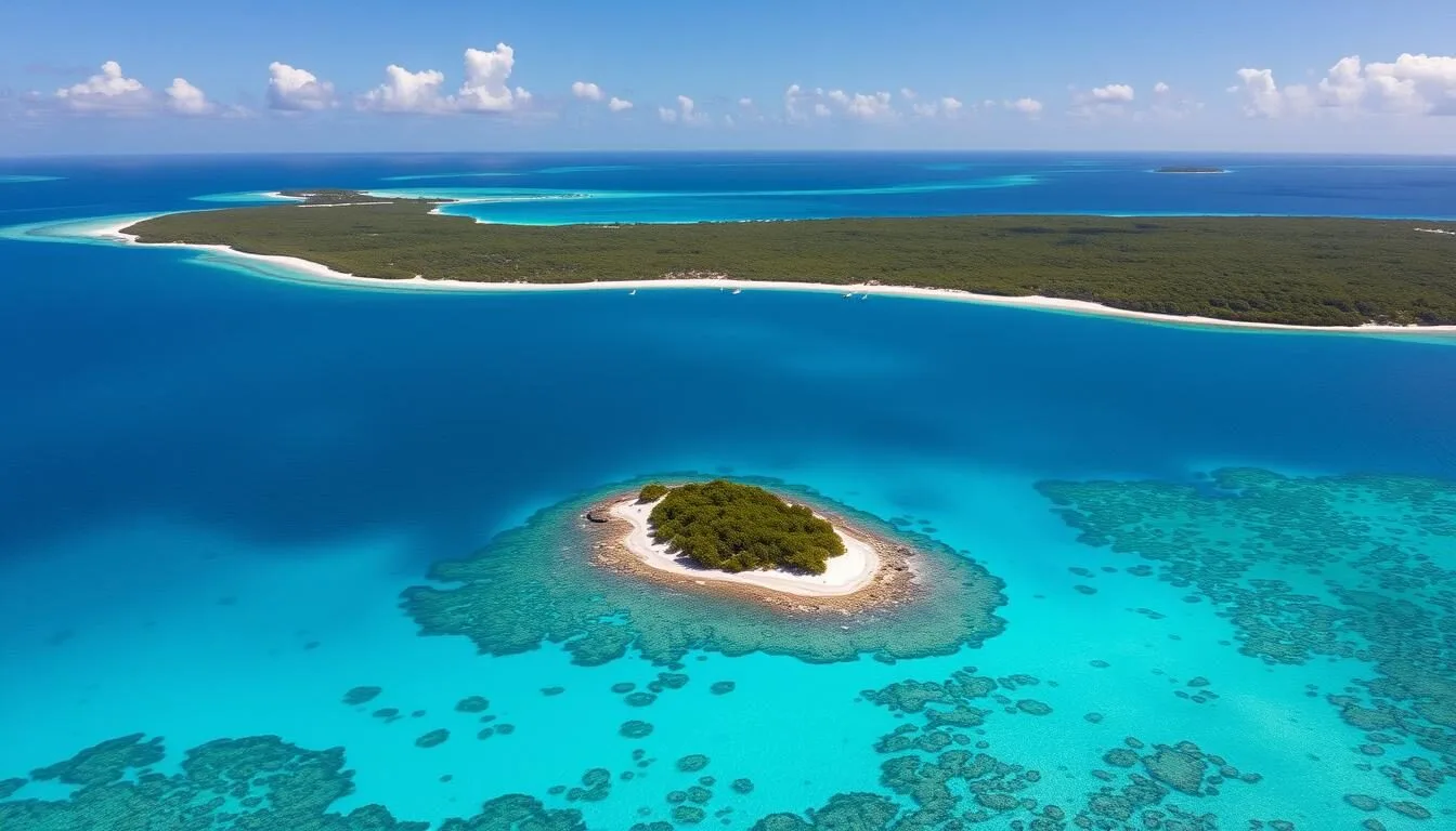 Aerial view of Little Cayman's pristine coastline showing crystal clear turquoise waters and white sand beaches