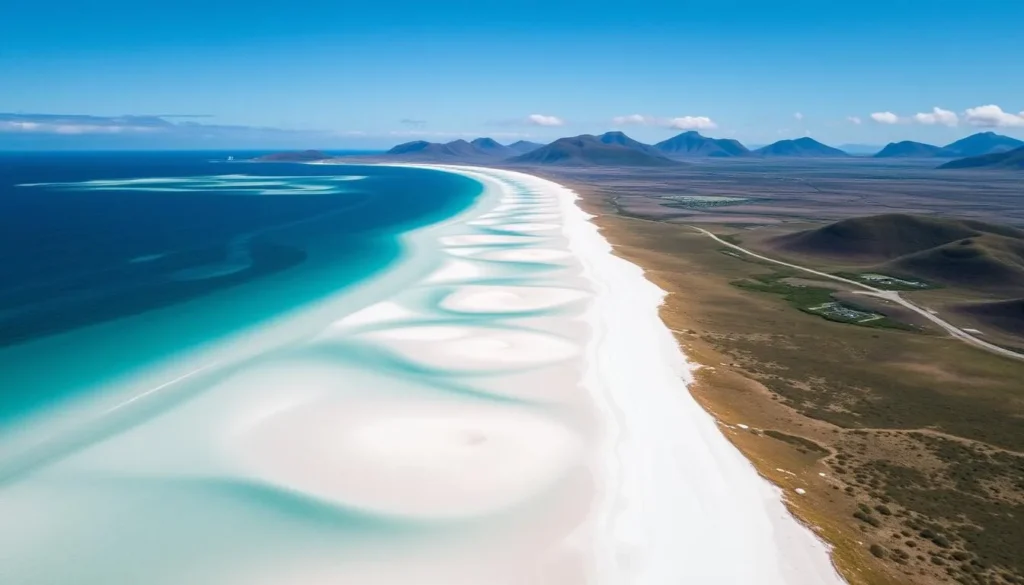 Aerial view of Luskentyre Beach on Harris showing white sand and turquoise waters