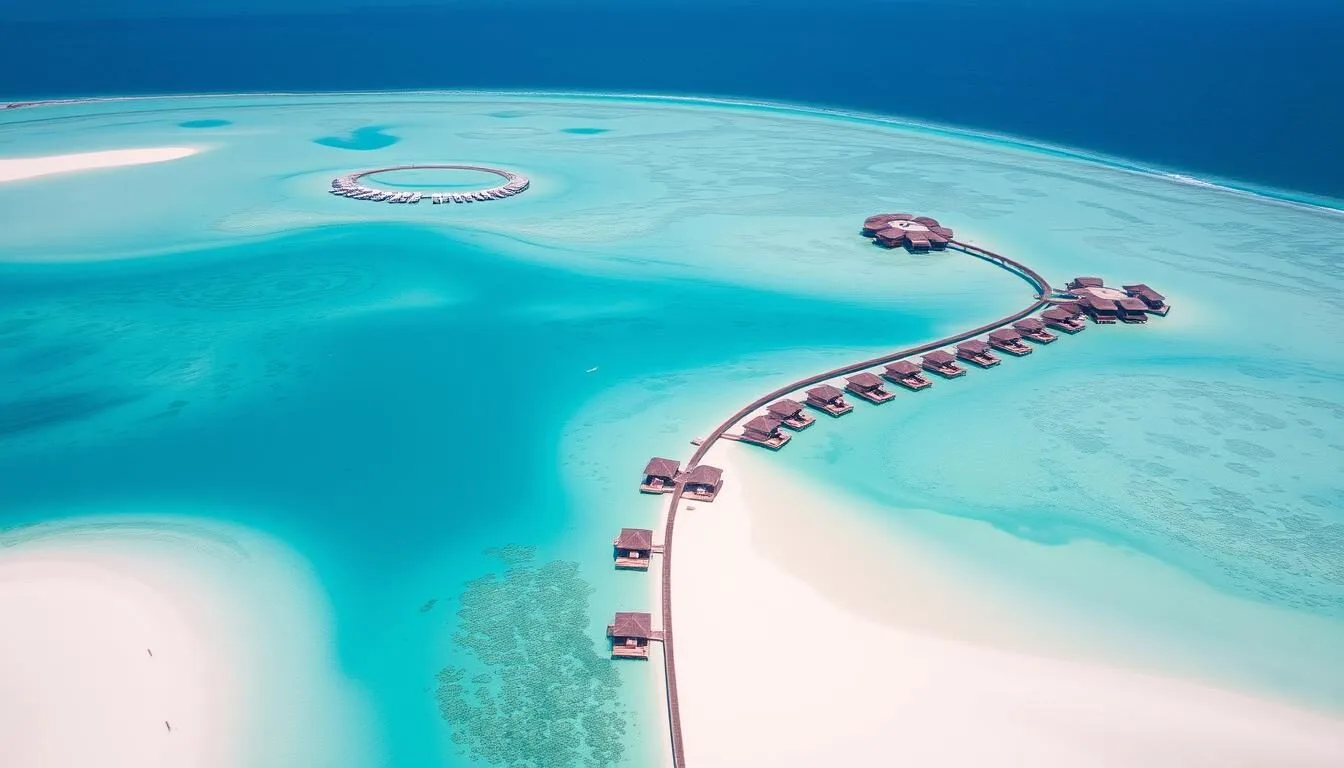 Aerial view of Maldives islands with turquoise waters and white sand beaches